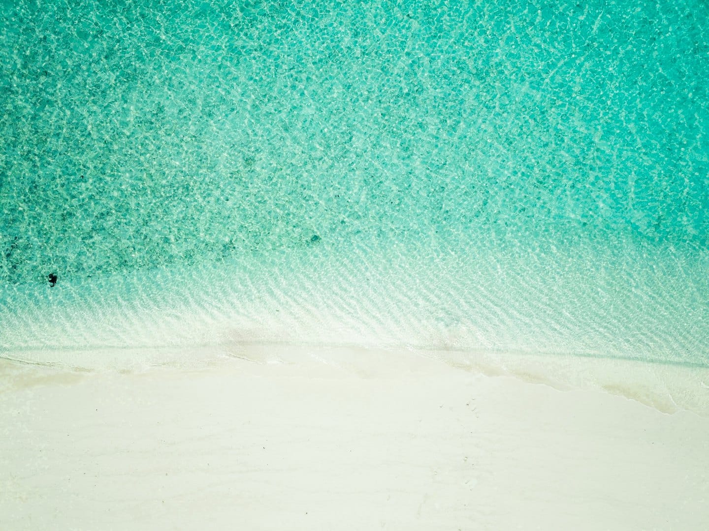 Vista aerea di acqua oceanica turchese su una spiaggia di sabbia bianca.